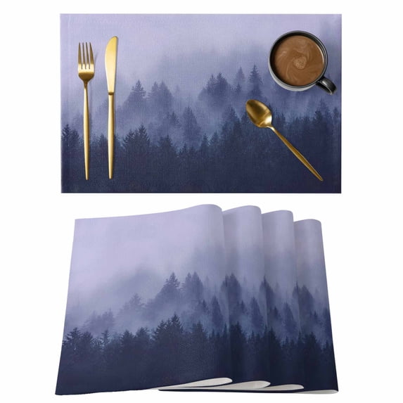 Fogged Mist Forest Placemats Set of 12 Botanical Pines Peaks Zen Minimalist Place Mats Indoor Wipeable Table Mats Washable Cloth Dining Table Placemats for Kitchen Holiday Party Home Decor 13x19 Inch
