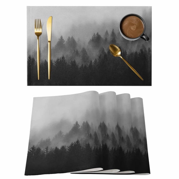 Fogged Mist Forest Placemats Set of 2 Botanical Gray Pines Peaks Zen Minimalist Place Mats Indoor Wipeable Table Mats Washable Cloth Dining Table Placemats for Kitchen Holiday Party Decor 13x19 Inch