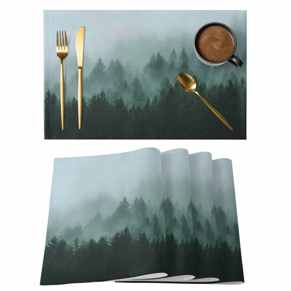Fogged Mist Forest Placemats Set of 2 Botanical Green Pines Peaks Zen Place Mats Indoor Wipeable Table Mats Washable Cloth Dining Table Placemats for Kitchen Holiday Party Home Decor 13x19 Inch