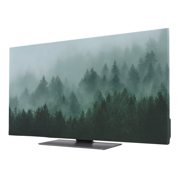 Fogged Mist Forest TV Cover for 43 Inch Screen, Stretch Fabric Dustproof TV Display Protector, Botanical Green Pines Peaks Zen Elastic Slipcover Monitor Cover for Indoor Desktop Computer 37.6"x21.1"
