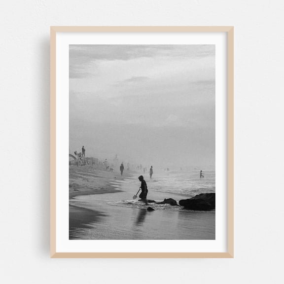 Foggy Afternoon at the Beach - Ocean City Maryland Photography Beach Black and White Coastal Ocean Minimalist Vintage Surf Oak Framed Wall Art Print 11 x 14 inches