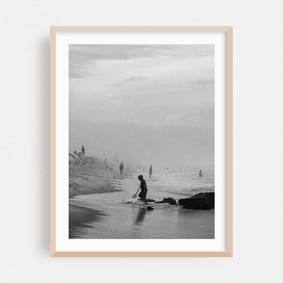Foggy Afternoon at the Beach - Ocean City Maryland Photography Beach Black and White Coastal Ocean Minimalist Vintage Surf Oak Framed Wall Art Print 12 x 16 inches