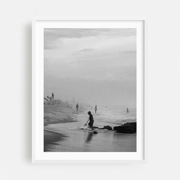 Foggy Afternoon at the Beach - Ocean City Maryland Photography Beach Black and White Coastal Ocean Minimalist Vintage Surf White Framed Wall Art Print 12 x 16 inches