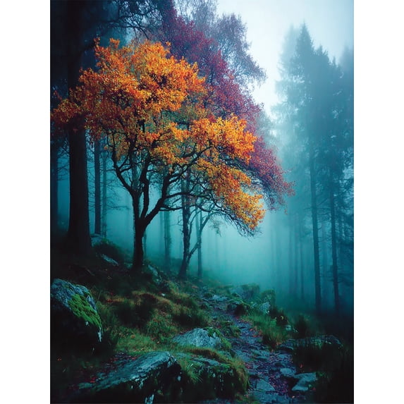 Foggy Autumn Forest Tree Canvas Print, Modern Nature Landscape Art, Home Wall Decor