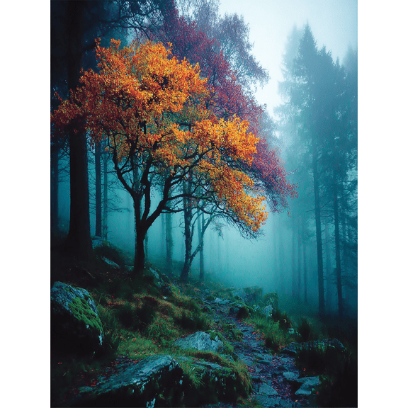 Foggy Autumn Forest Tree Canvas Print, Modern Nature Landscape Art, Home Wall Decor