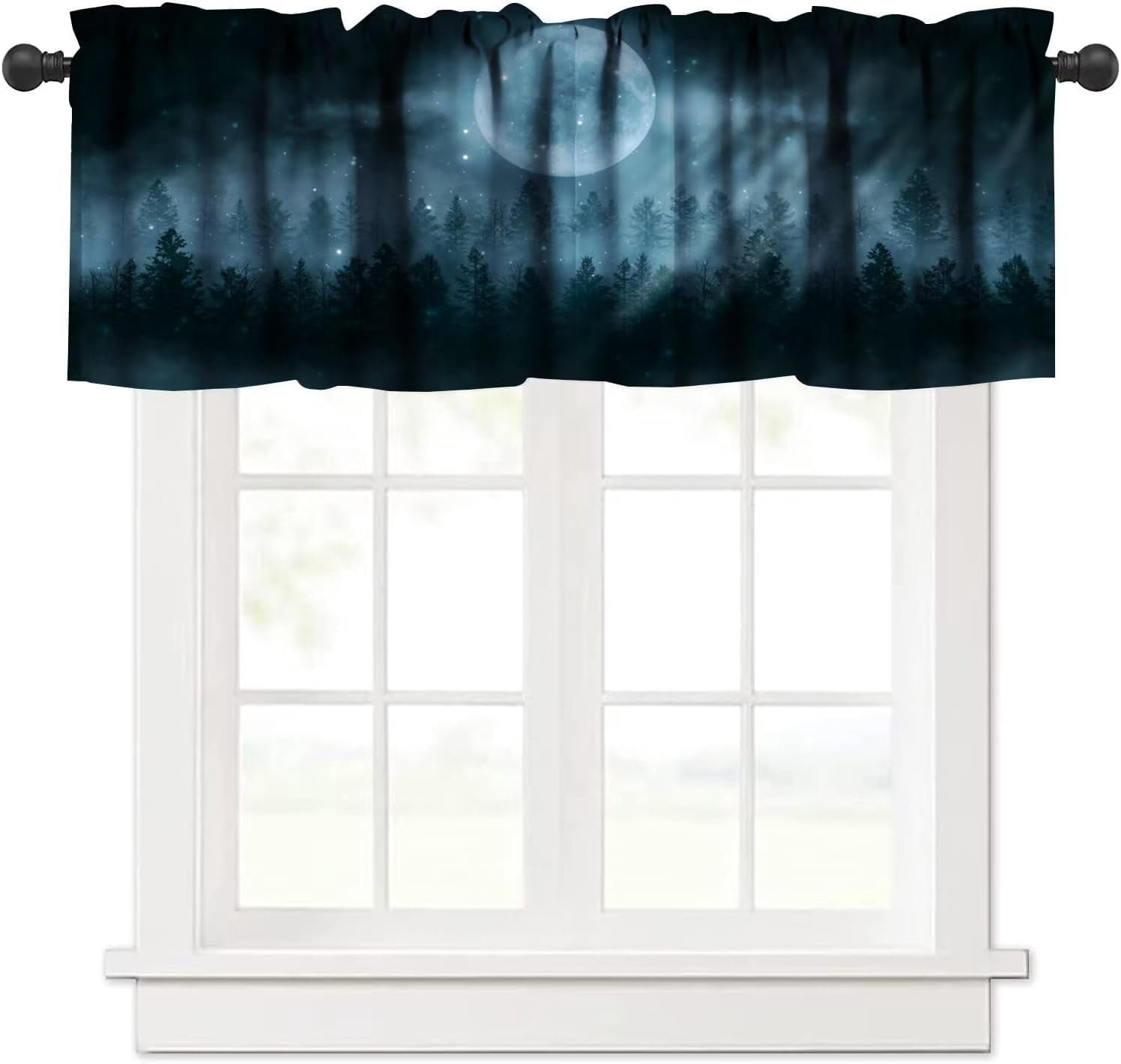 Foggy Dark Forest Valance Curtain Full Moon Nature Landscape Fantasy ...