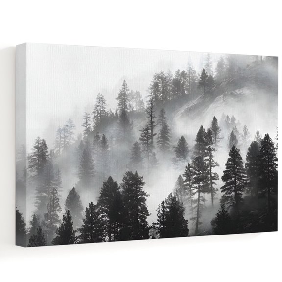 Foggy Evergreen Woods Canvas Wall Art, Rustic Gray Black Forest Natural Landscape Wall Art Prints Artwork Framed Canvas Ready to Hang Art Pictures for Bathroom Bedroom Entry Desk Corner 10" x 8"