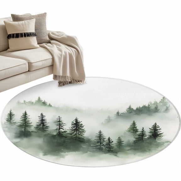 Foggy Forest 3ft Area Rug, Green Mist Mountain Natural Landscape Washable Non-Slip Small Round Rugs for Entryway Bedroom Kitchen, Soft Circle Carpet for Dining Room, Playroom Nursery Rug