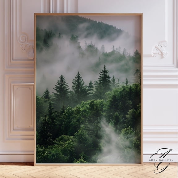 Foggy Forest Art Poster: Green Enchanted Forest Wall Decor, Unframed Poster Size 8x12