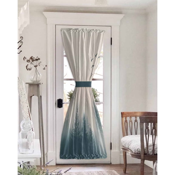 Foggy Forest Blackout Door Curtains for French, Glass,Front, Back, Patio Door, Watercolor Pine Trees Natural Landscape Thermal Insulated Rod Pocket Window Curtain Drapes With Tiebacks 25"x72"