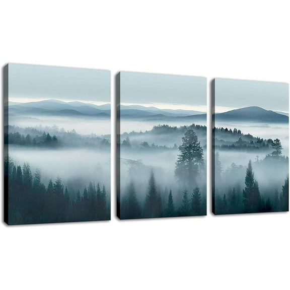Foggy Forest Canvas Wall Art Indigo Misty Forest Pictures Blue Grey Abstract Mountain Trees Painting Artwork Nature Scene Canvas Art for Living Room Bedroom Home Wall Decor 12" x 16" x 3Piece