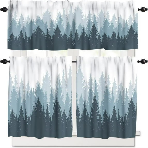 Foggy Forest Curtain Set, Green Coniferous Tree Silhouette Mist Landscape Window Valances and Tier Set for Kitchen Living Room, 54''x18'' & 27''x24''x2, 3 Panels