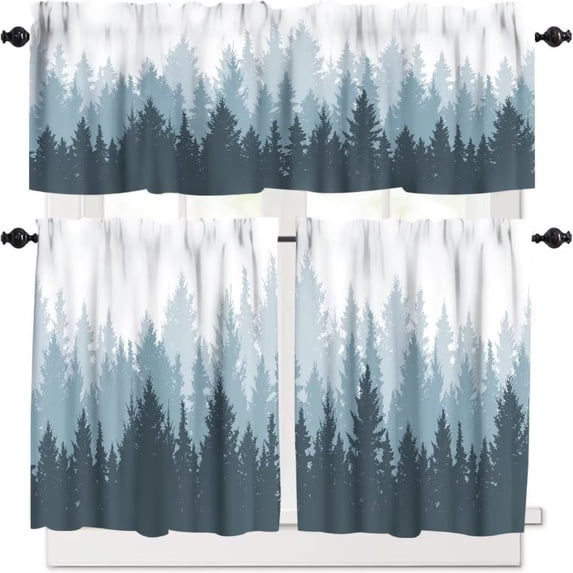 Foggy Forest Curtain Set, Green Coniferous Tree Silhouette Mist Landscape Window Valances and Tier Set for Kitchen Living Room, 54''x18'' & 27''x36''x2, 3 Panels