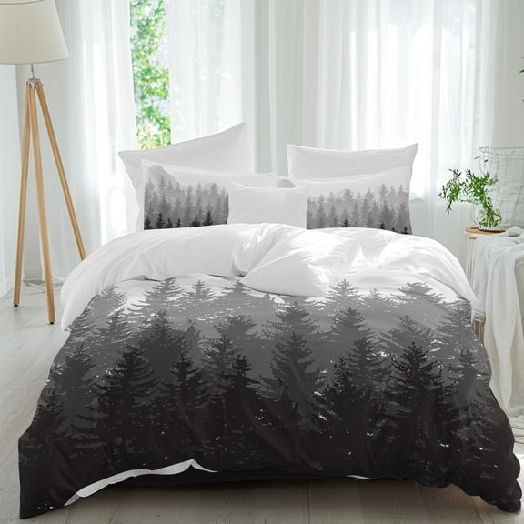 Foggy Forest Gradient Black Shadow Queen Size Bed Set,Misty Trees Abstract Art Bedding for All Seasons,4 Pcs Bed Set,1 Quiltcover(90"x92"),1 Sheet(94"x116"),2 Pillowcases(30"x20")