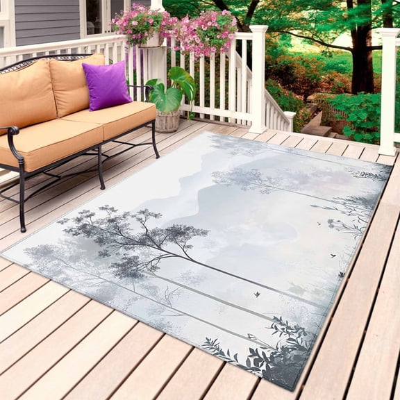 Foggy Forest Gray Outdoor Rug 3x5 Ft, Non Slip Washable Area Rug, Vintage Mountain Grey Tree Patio Rugs Carpet Runner, Large Floor Mat for Indoor/Outdoor Deck Porch Camping