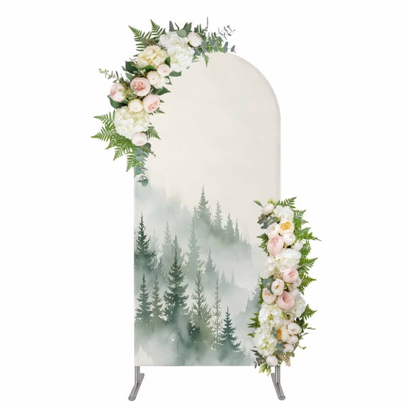 Foggy Forest Green Arch Backdrop Cover 5FT, Watercolor Trees Vintage Spandex Fitted Stretchy Arch Stand Covers, Round Top Chiara Backdrop Cover for Wedding Party Birthday Baby Shower