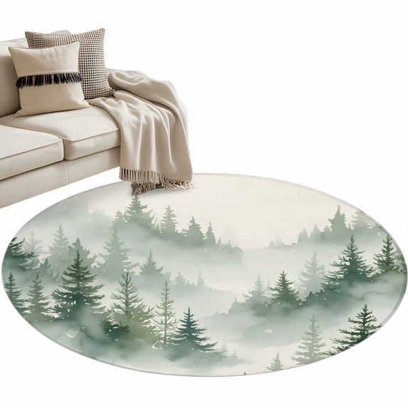 Foggy Forest Green Round Rug 4ft Washable Circle Entryway Rugs Non Slip Watercolor Trees Vintage Area Rug Indoor Floor Carpet for Bedroom Kitchen Living Room Home Office Dining Room Nursery