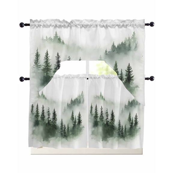 Foggy Forest Kitchen Curtains Swag Valance and Tier Curtains Set 36 Inch Length, Green Mist Mountain Natural Landscape Rod Pocket Drape Panels Pair Swag Curtain for Bathroom/Cafe/Window