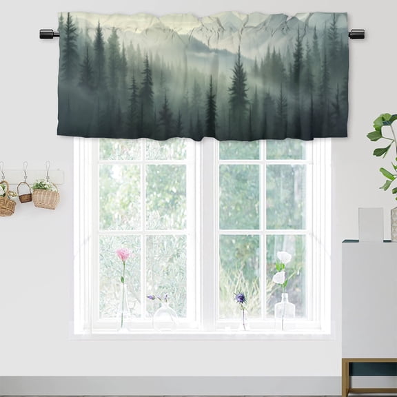 Foggy Forest Kitchen Valance Curtain Rod Pocket Rustic Nature Misty Fog Woodland Privacy Window Valances for Living Room Kitchen 54 by 18 in, 1 Panel