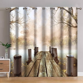 Foggy Forest Lake Blackout Curtains, Wooden Jetty Autumn Landscape Theme Thermal Insulated Grommet Window Drapes for Bedroom Living Room Kitchen 26"W x 45"L (Pack of 2)