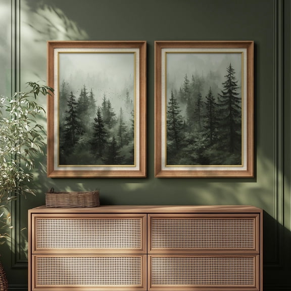 Foggy Forest Landscape Wall Art Misty Pine Trees Prints Rustic Woodland Artwork for Living Room Decor Set 2