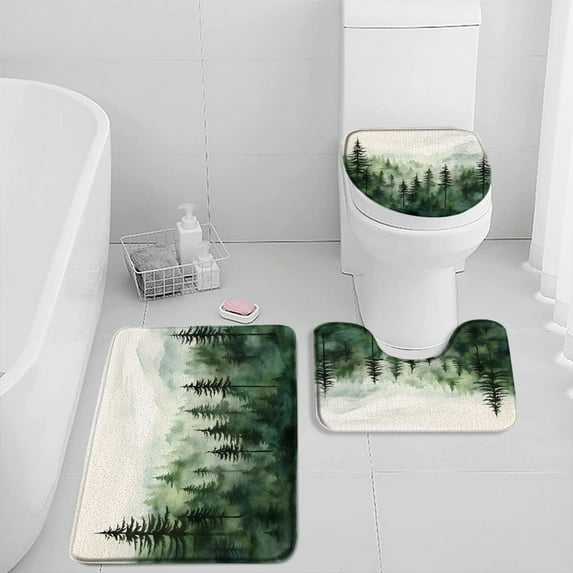 Foggy Forest Nature Bath Mat Set Misty Woodland Tree Cloud Landscape Bathroom Decor Modern Home Carpet Bath Rug Toilet Lid Cover
