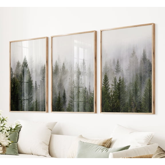 Foggy Forest Prints Misty Pine Tree Giclee Posters Home Decor Office Wall Art Set 3