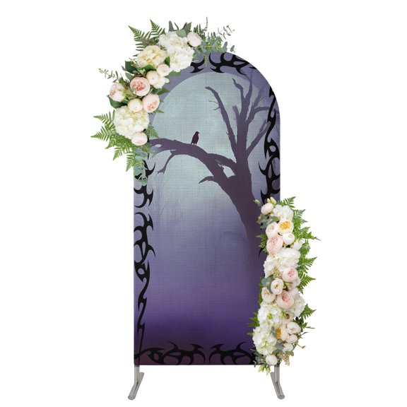 Foggy Forest Purple Arch Backdrop Cover 4FT, Spooky Branch Tree Crow Bird Moon Spandex Fitted Stretchy Arch Stand Covers, Round Top Chiara Backdrop Cover for Wedding Party Birthday Baby Shower