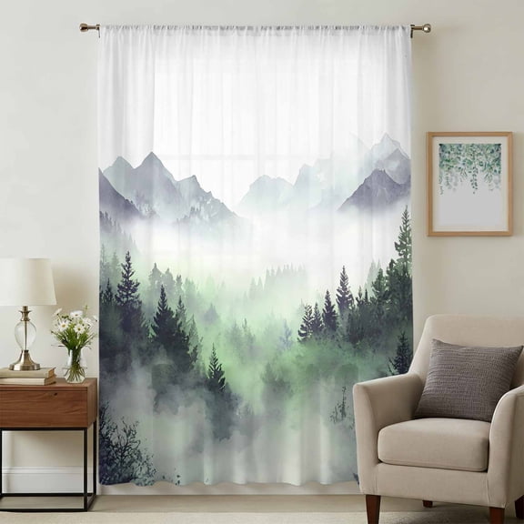 Foggy Forest Sheer Curtains 63 Inches Long, Mountains Landscape Nature Aesthetic Light Filering Curtains, Breathable Simi Curtain Privacy Drapes for Living Room Bedroom Lightweight Window Treatment
