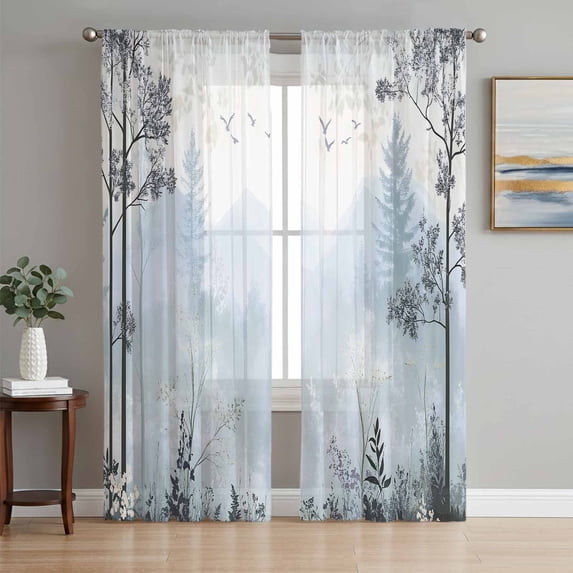 Foggy Forest Sheer Curtains 72 Inch Length 2 Panels Set, Vintage Mountain Botanical Voile Window Treatment Rod Pocket Curtains Sheers Drapes for Bedroom/Living Room/Kitchen 52"x72"x2
