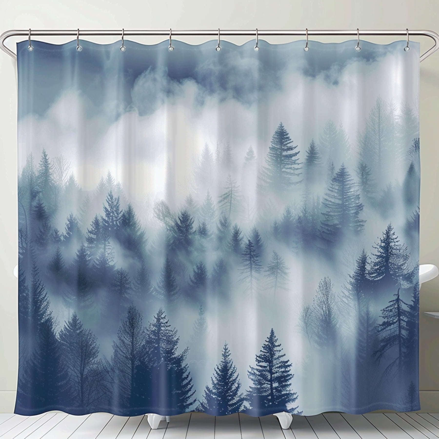 Foggy Forest Shower Curtain Blue & White Bathroom Decor with Pine Tree Silhouette Pattern Misty