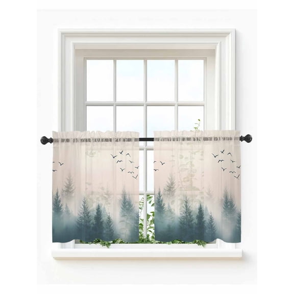 Foggy Forest Tier Curtains 36 Inch Length,Sheer Curtains for Bedroom Living Room Window Watercolor Pine Trees Natural Landscape Voile Drapes Kitchen Curtains Small Half Window 27.5"x36" 2 Panels