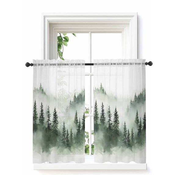 Foggy Forest Tier Curtains 45 Inch Length,Sheer Curtains for Bedroom Living Room Window Green Mist Mountain Natural Landscape Rod Pocket Drapes Kitchen Curtains Small Half Window 27.5"x45" 2 Panels