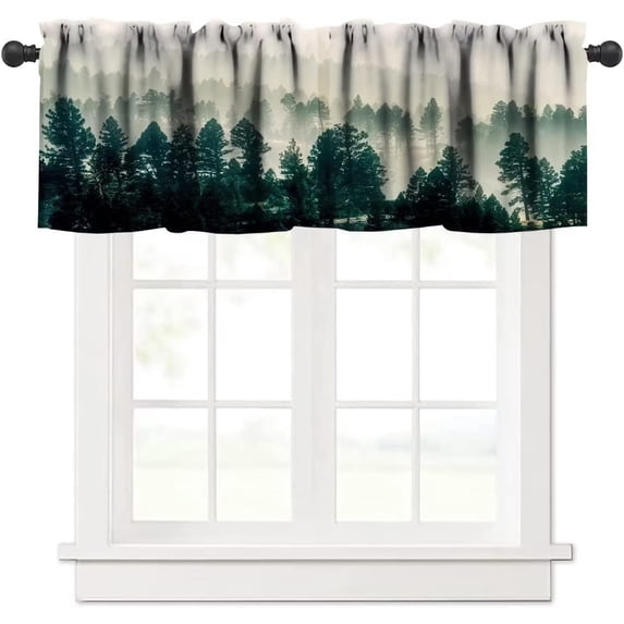 Foggy Forest Valance Curtain, Misty Green Forest Natural Landscape Pine Larch Trees Mist Mountain Windows Curtain Valance for Kitchen Dining Room Home Decor, One Panel 54x18in
