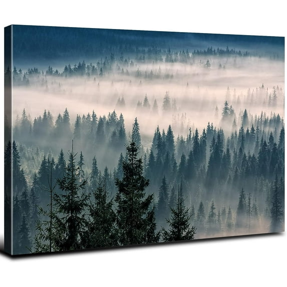Foggy Forest Wall Art Green Nature Wall Decor for Living Room 12x16, Misty Mountain Landscape Canvas Picture Nordic Style Bathroom Pine Trees Wilderness Scenery Painting Artwork Home Decoration