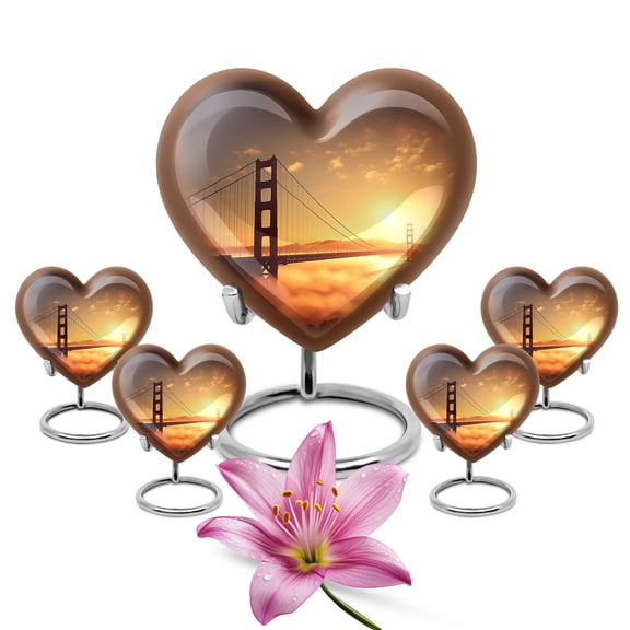 Foggy Golden Gate Bridge Large Urns For Human Ashes Adult Female - Mini Burial Urn For Ashes For Mom And Dad - Handmade Unique Gifts For Decorative Combo 10Inch 200Lbs And 3Inch 4 Keepsake Urn