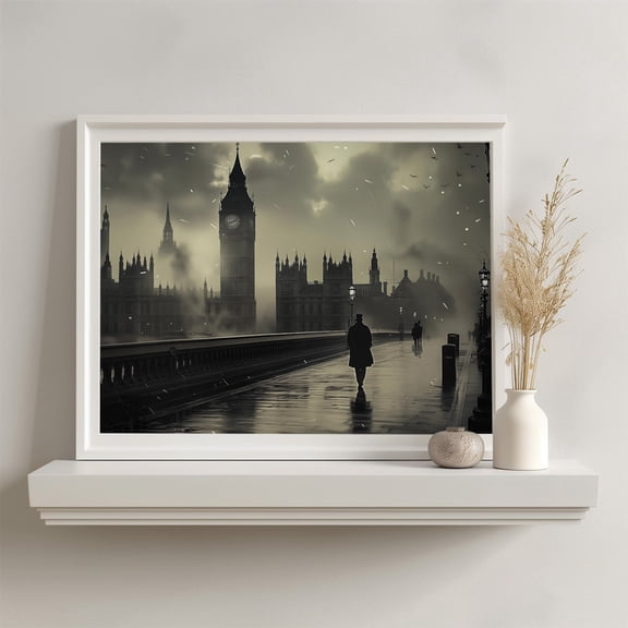 Foggy London Evening Poster: Gothic Black and White Cityscape, Size 8x12 UNFFRAMED F03.1.7l1868
