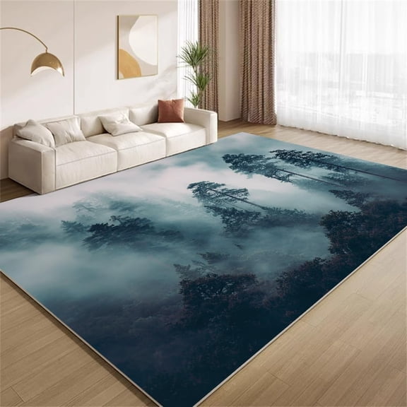 Foggy Mountain Forest Area Rugs, Misty Pine Tree Landscape Pattern Carpet, Washable Non Slip Low Pile Soft Rug for Living Room Bedroom Decor Mat 2ftx3ft