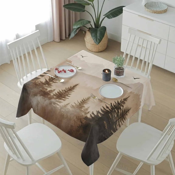 Foggy Mountain Forest Tree Bird Table Cloth 54x54in, Waterproof Square Tablecloth Wipeable Tablecloths Retro Natural Scenic Theme Table Covers for Dining Tables Party Indoor Outdoor