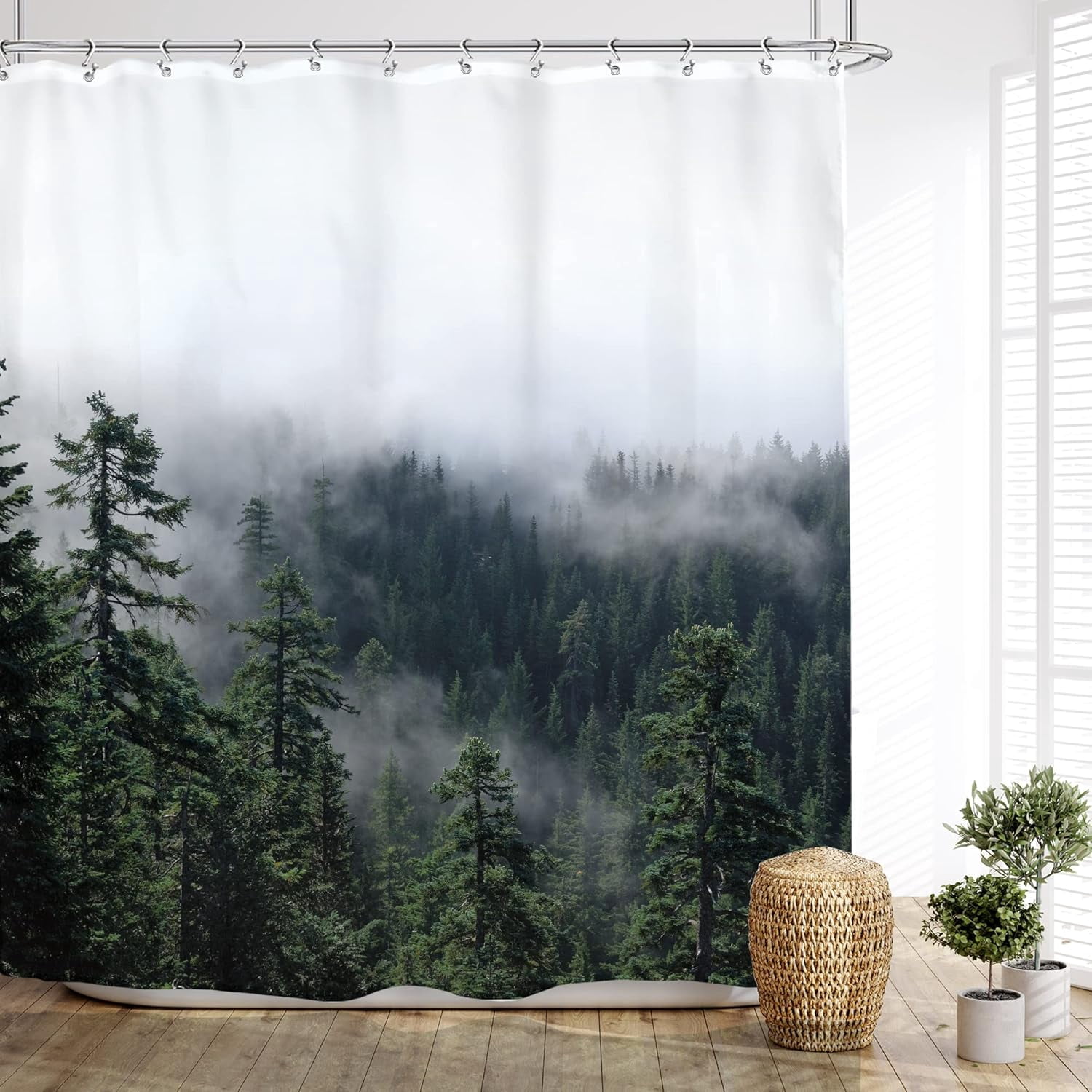 Foggy Mountain Shower Curtain 72Wx72L Inches Misty Pine Trees Dark ...