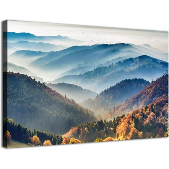 Foggy Mountain Wall Art Canvas Misty Forest Picture Wall Decor for Living Room Nature Landscape Painting Modern Artwork Framed American National Park Posters Bedroom Office Home Decorations 12x16