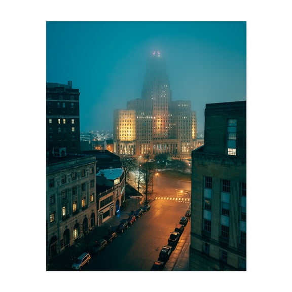 Foggy Night at City Hall, Buffalo - Buffalo New York Photography Cityscape Nightlife Architecture Art Deco Skyline Street Photography Unframed Wall Art Print 20 x 24 inches
