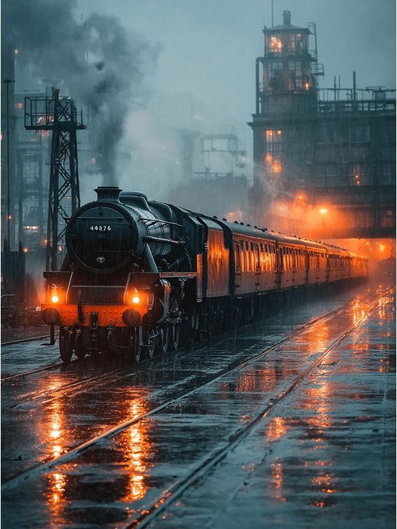 Foggy Night Railway Steam Train Canvas Wall Art, Modern Home Decor Canvas Print for Living Room Bedroom