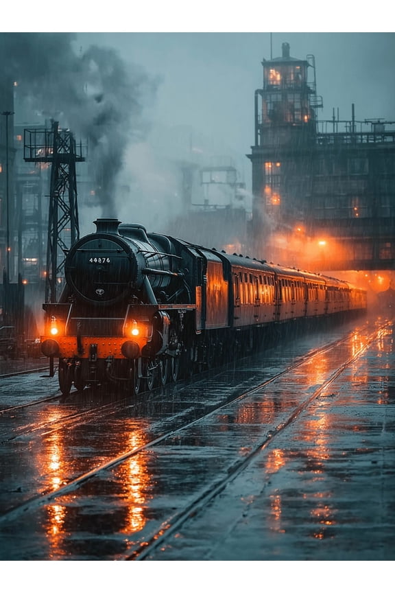 Foggy Night Railway Steam Train Canvas Wall Art, Modern Home Decor Canvas Print for Living Room Bedroom