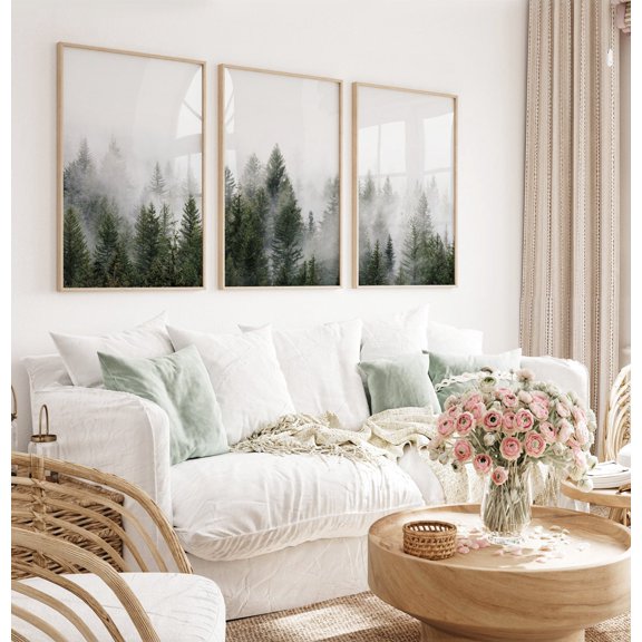 Foggy Pine Forest Art Print Set Modern Nordic Nature Photo Poster Set 3