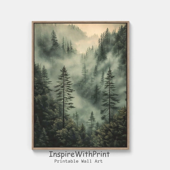 Foggy Pine Tree Forest Poster, Misty Forest Wall Art, Pine Tree , Winter Landscape Sage Green, Rustic Winter Art Decor Home Decor UNFRAMED Poster, Wall Art for Decor, Present, 12x18