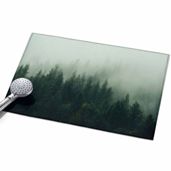 Foggy Pines Entryway Rug 2x3ft Washable Non Slip Bathroom Rug Low Pile Indoor Floor Front Door Mat Emerald Green Mist Forest Modern Zen Rectangle Area Rugs Carpet for Kitchen Office Dining Room Home