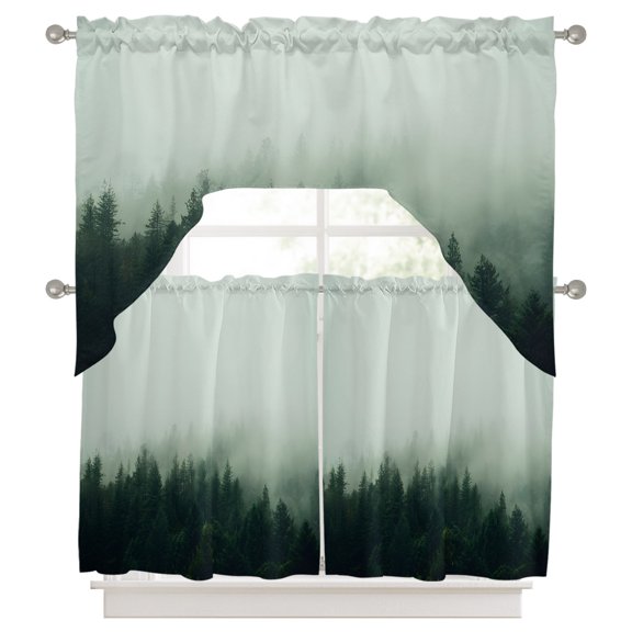 Foggy Pines Kitchen Curtains Swag Valance and Tier Curtains Set 24 Inch Length, Emerald Green Mist Forest Modern Zen Rod Pocket Drape Panels Pair Swag Curtains for Bathroom/Cafe/Window