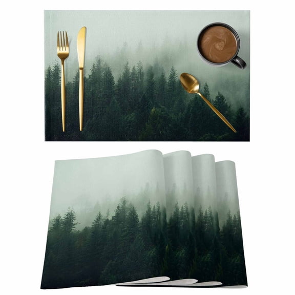 Foggy Pines Placemats Set of 2 Emerald Green Mist Forest Modern Zen Place Mats Indoor Wipeable Table Mats Washable Cloth Dining Table Placemats for Kitchen Holiday Party Home Decor 13x19 Inch