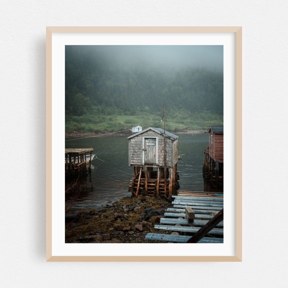 Foggy Rose Blanche 02 - Rose Blanche-Harbour le Cou Newfoundland and Labrador Canada Photography Coastal Rustic Harbor Boat Landscape Rural Waterfall Oak Framed Wall Art Print 9 x 12 inches
